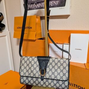 Vintage Gucci Monogram Navy Blue and Grey Crossbody Bag/Clutch Plus Dust Bag/COA